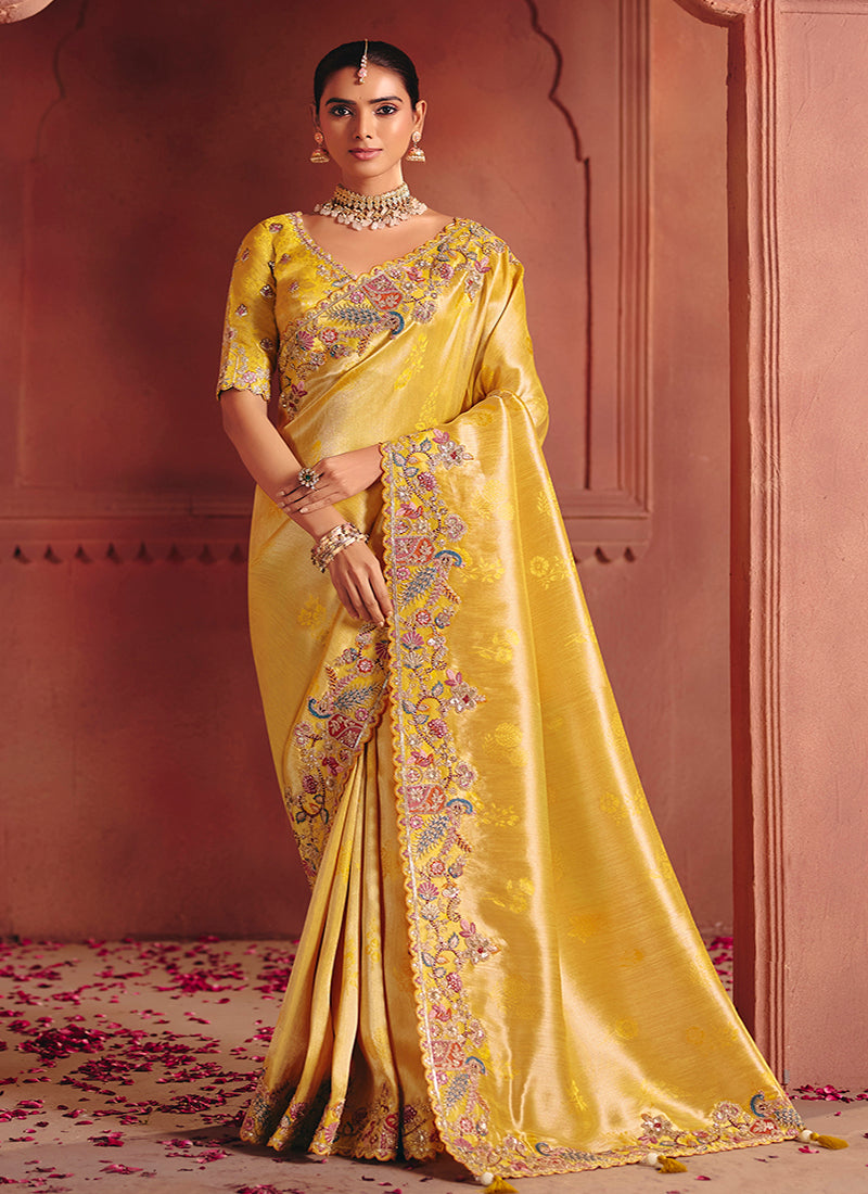 Yellow Silk Blend Embroidered Saree - Monjolika Fashion