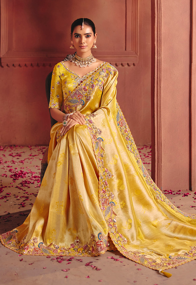 Yellow Silk Blend Embroidered Saree - Monjolika Fashion