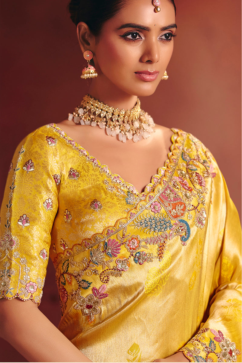 Yellow Silk Blend Embroidered Saree - Monjolika Fashion
