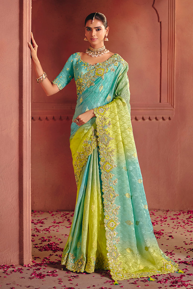 Aqua blue Jacquard Embroidered Wedding Saree - Monjolika Fashion
