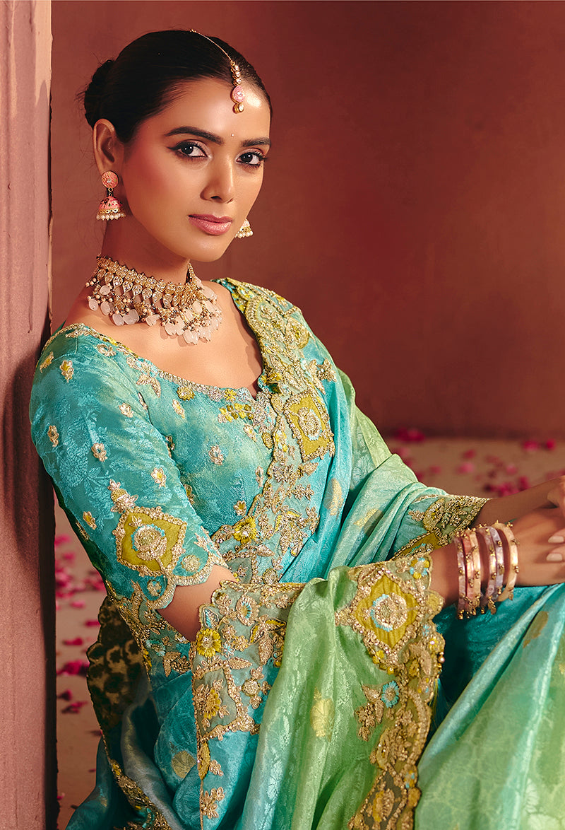 Aqua blue Jacquard Embroidered Wedding Saree - Monjolika Fashion
