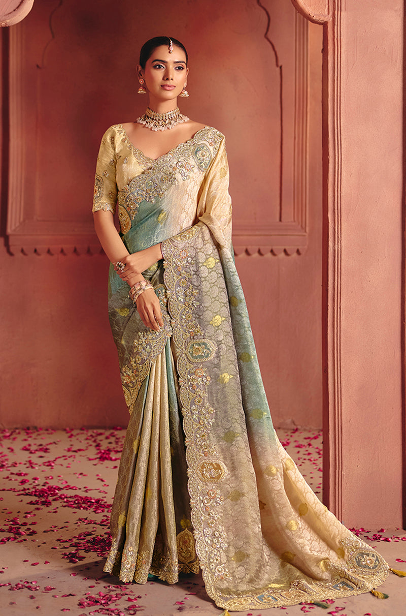 Beige Jacquard Embroidered Wedding Saree - Monjolika Fashion