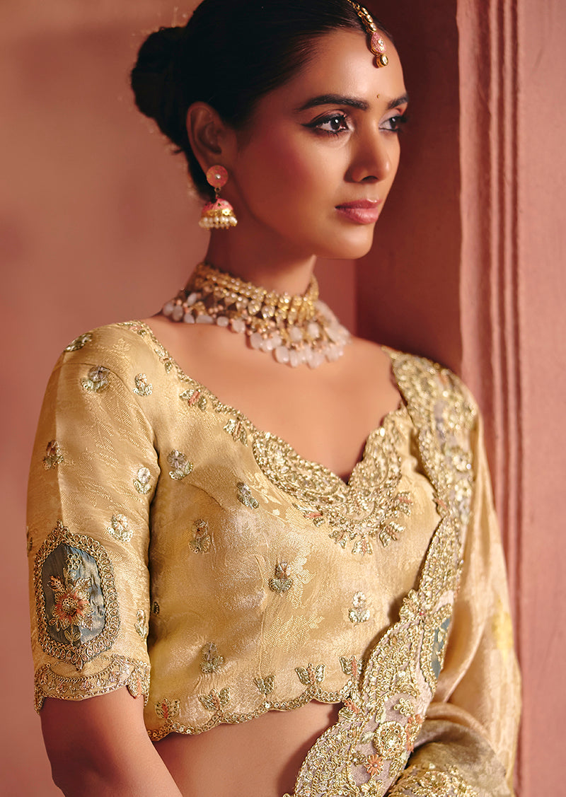 Beige Jacquard Embroidered Wedding Saree - Monjolika Fashion