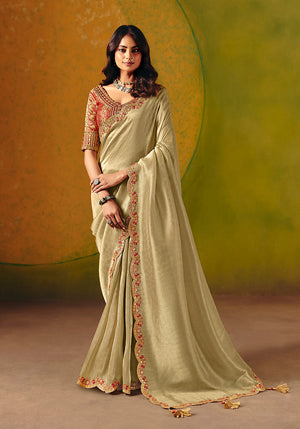 Beige Embroidered Silk Blend Saree