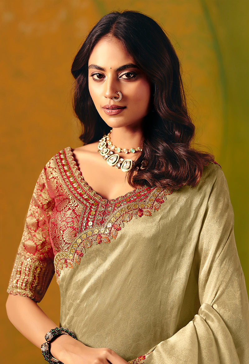 Beige Embroidered Silk Blend Saree - Monjolika Fashion