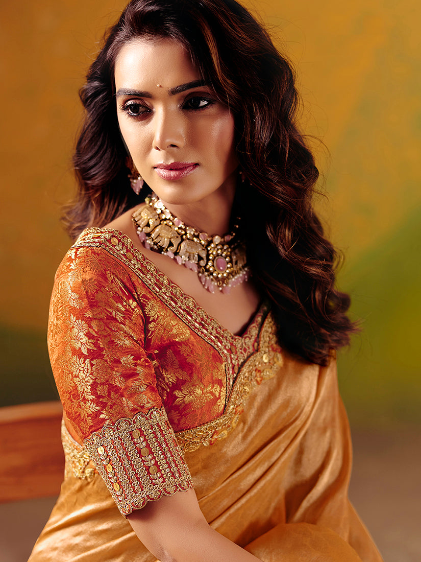Peach Embroidered Silk Blend Saree - Monjolika Fashion