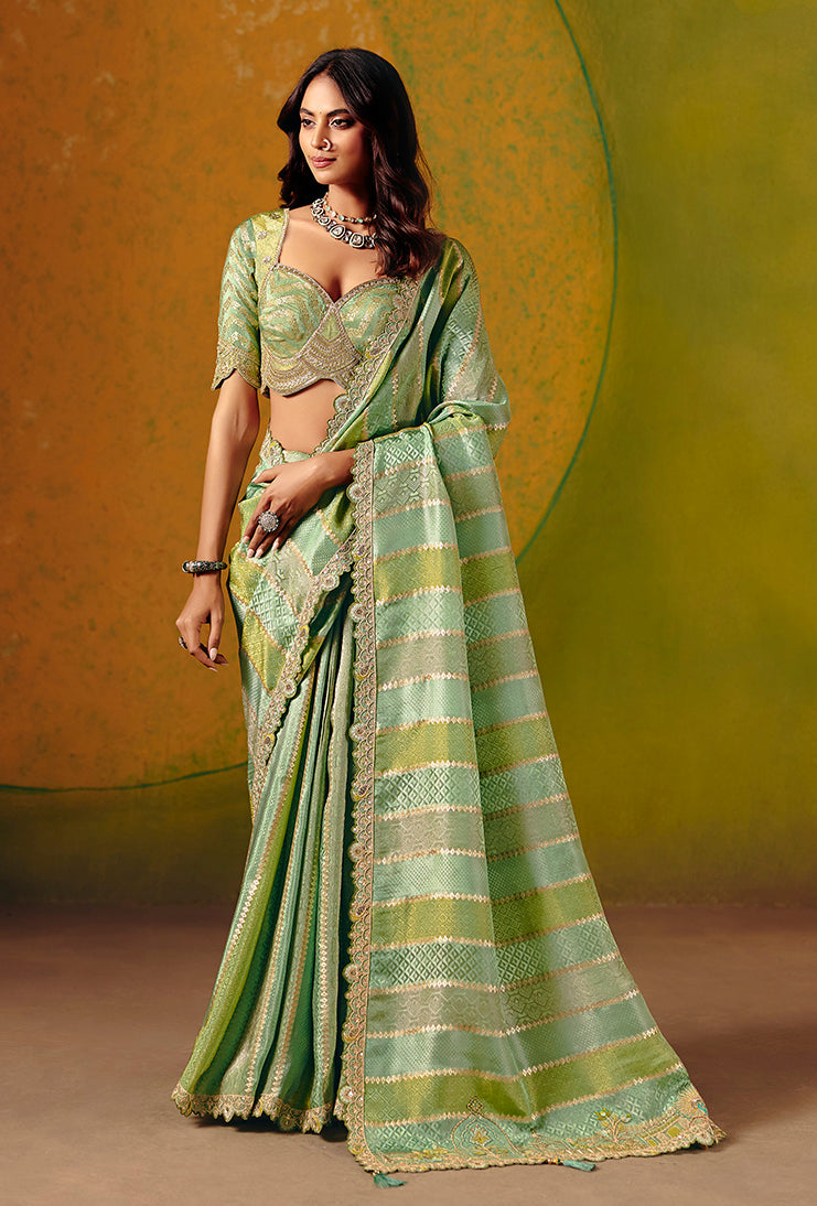 Sea Green Embroidered Jacquard Saree - Monjolika Fashion