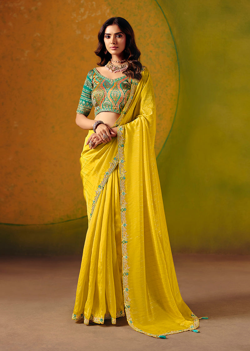 Yellow Embroidered Silk Blend Saree - Monjolika Fashion