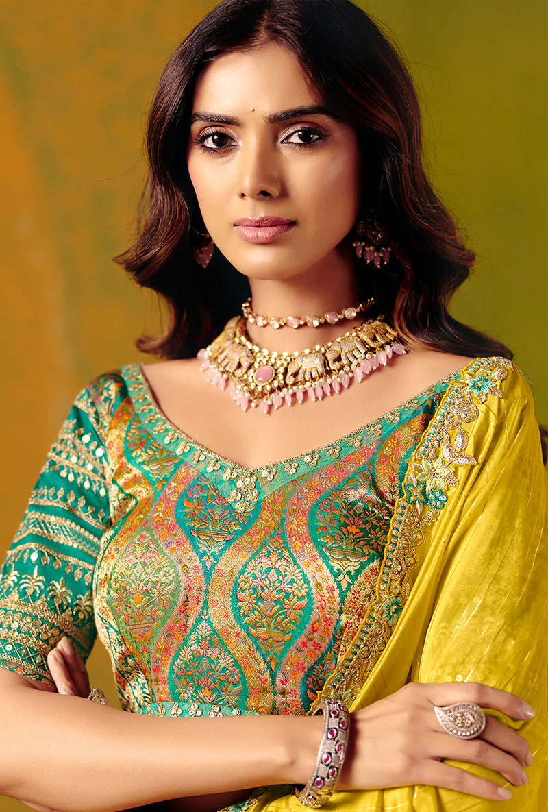 Yellow Embroidered Silk Blend Saree - Monjolika Fashion