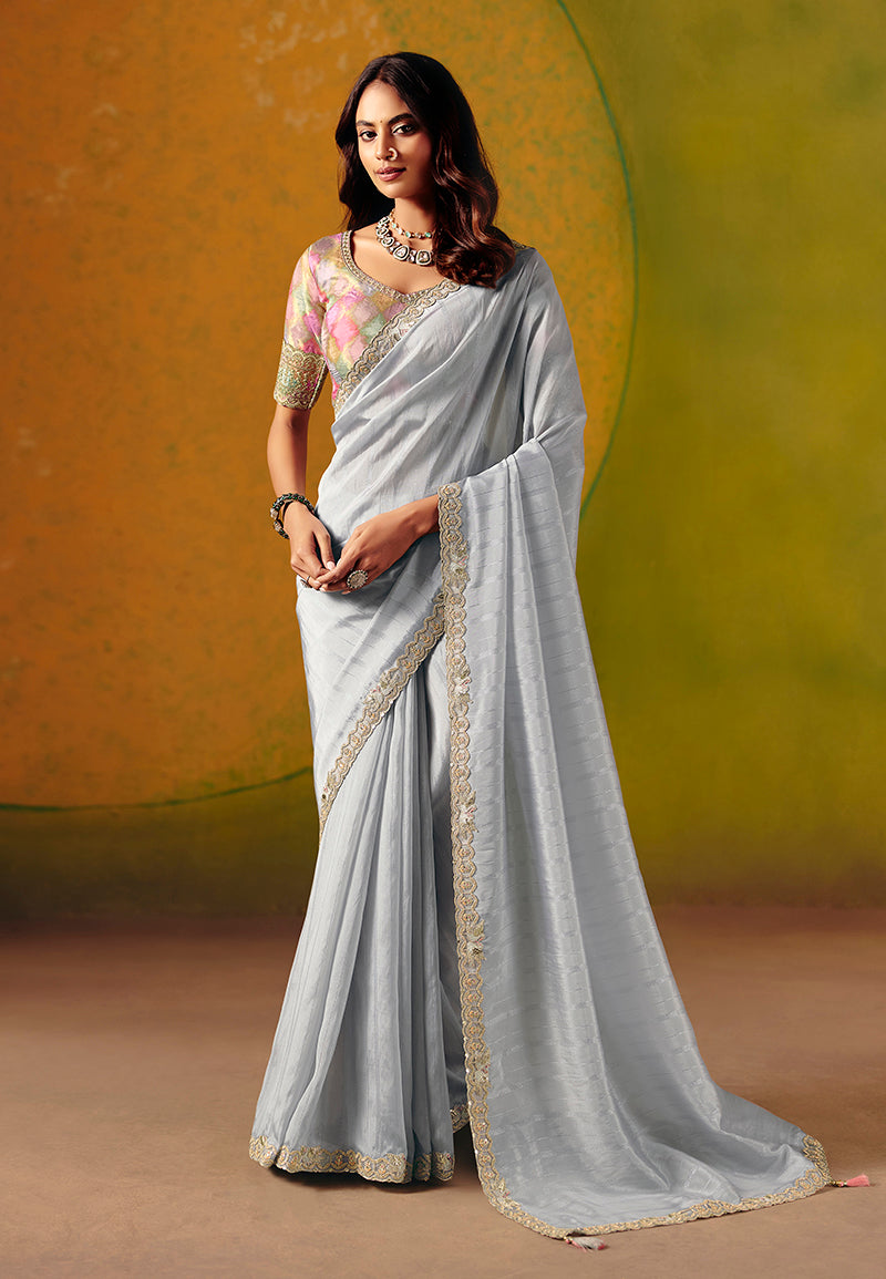 Light Grey Embroidered Silk Blend Saree - Monjolika Fashion