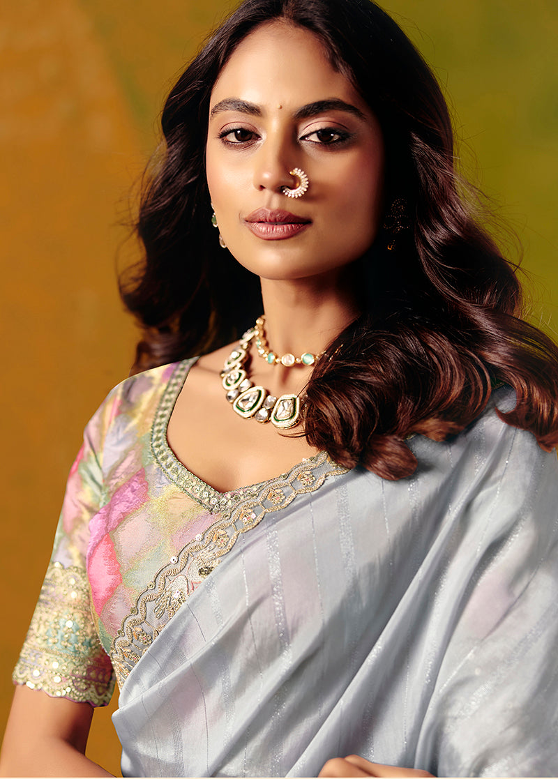 Light Grey Embroidered Silk Blend Saree - Monjolika Fashion
