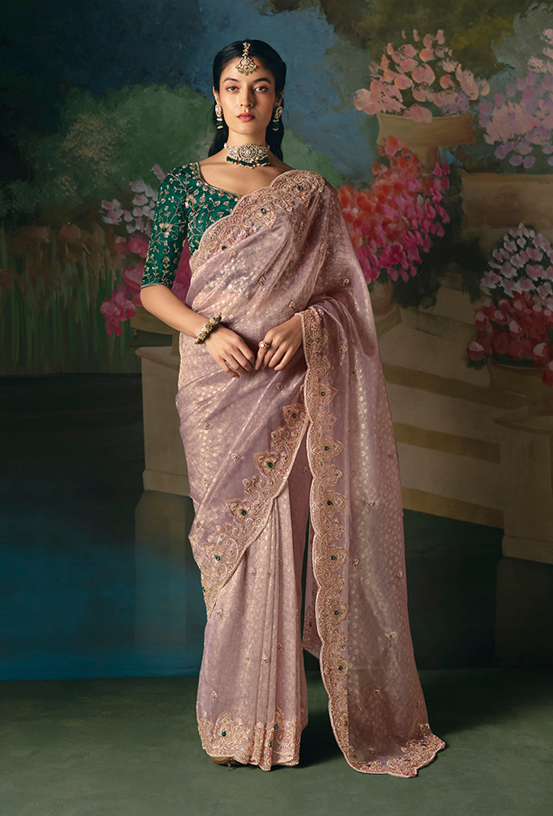 Fancy Fabric Embroidered Saree in Dusty Pink - Monjolika Fashion