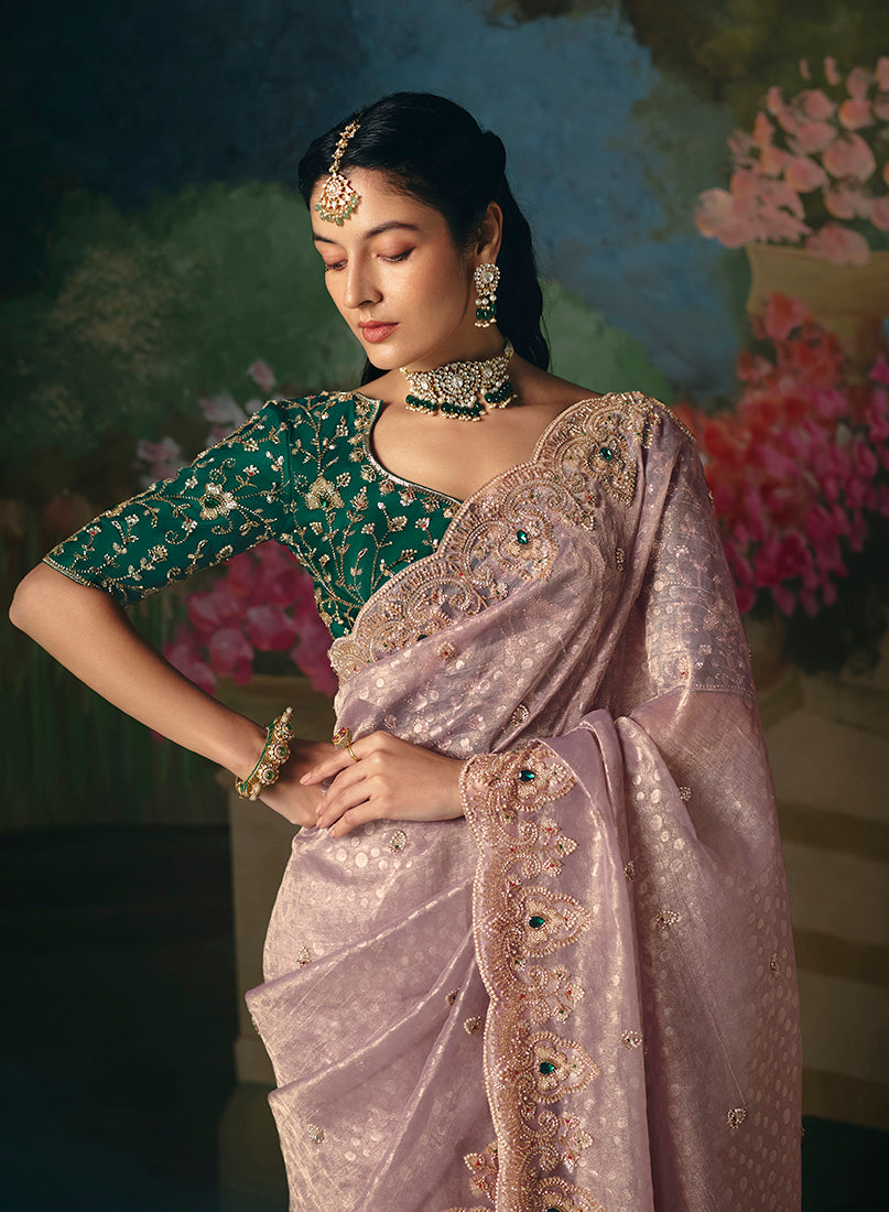 Fancy Fabric Embroidered Saree in Dusty Pink - Monjolika Fashion