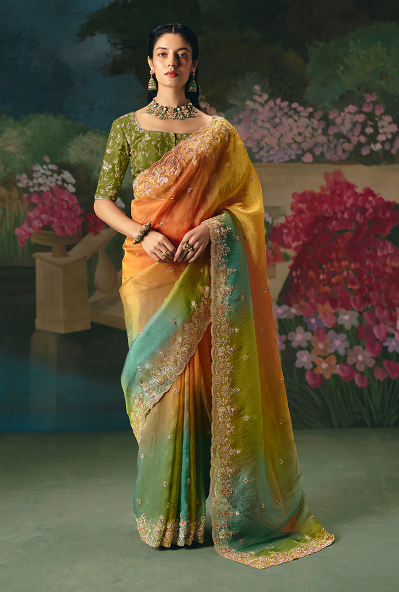 Fancy Fabric Embroidered Saree in Multicolor - Monjolika Fashion