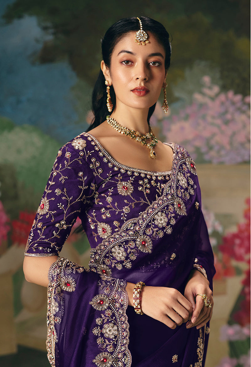 Fancy Fabric Embroidered Saree in Purple - Monjolika Fashion