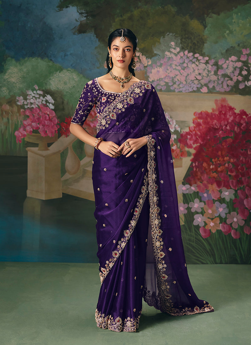 Fancy Fabric Embroidered Saree in Purple - Monjolika Fashion