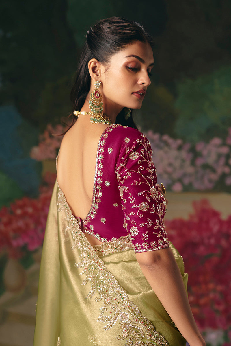 Fancy Fabric Embroidered Saree in Pista Green - Monjolika Fashion