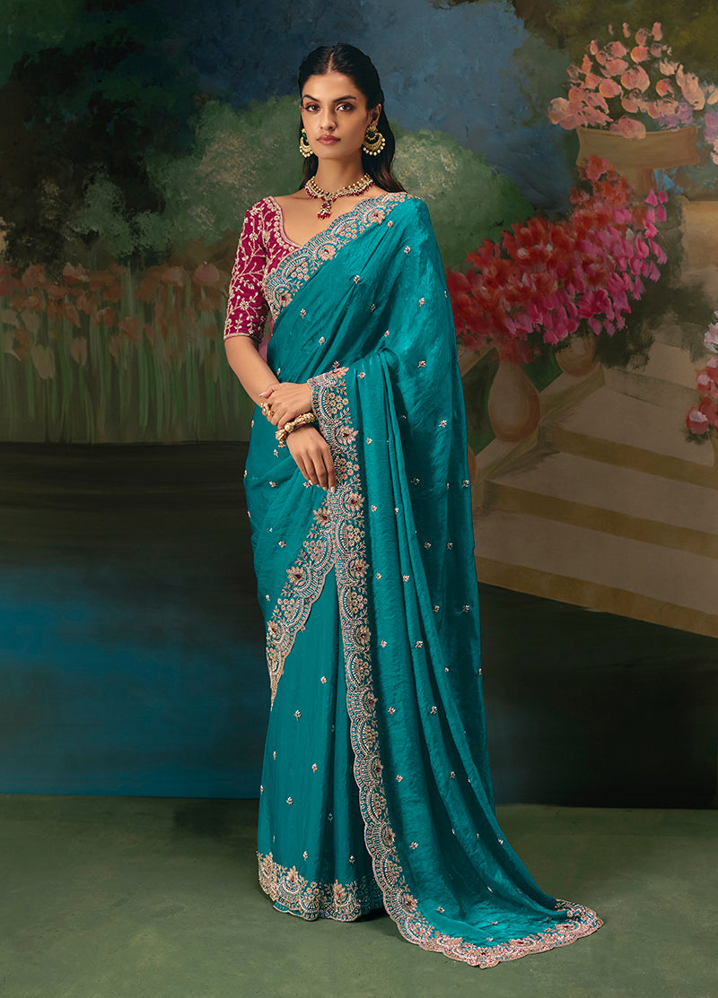 Fancy Fabric Embroidered Saree in Aqua Blue - Monjolika Fashion