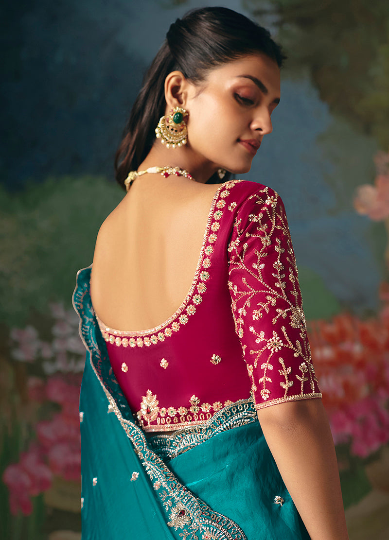 Fancy Fabric Embroidered Saree in Aqua Blue - Monjolika Fashion