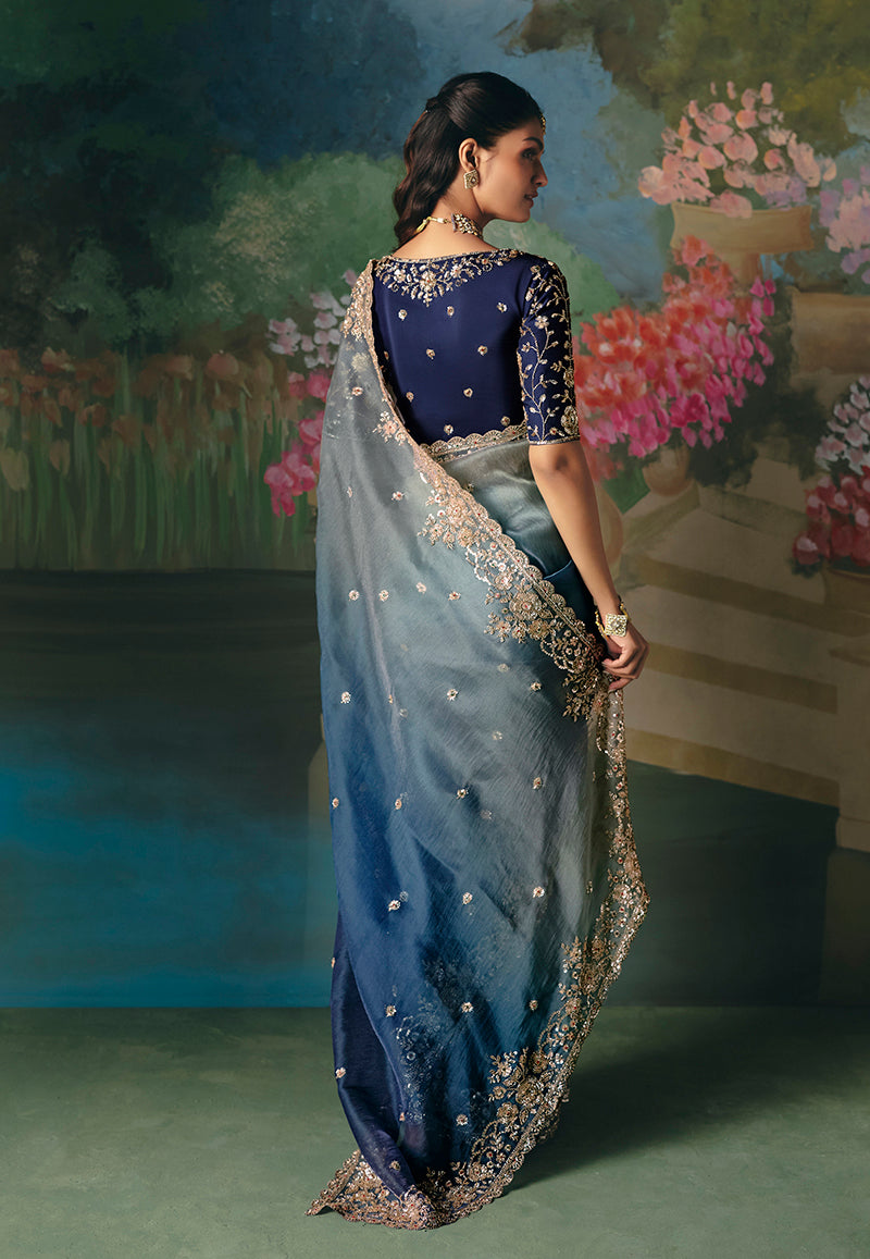 Fancy Fabric Embroidered Saree in Blue - Monjolika Fashion