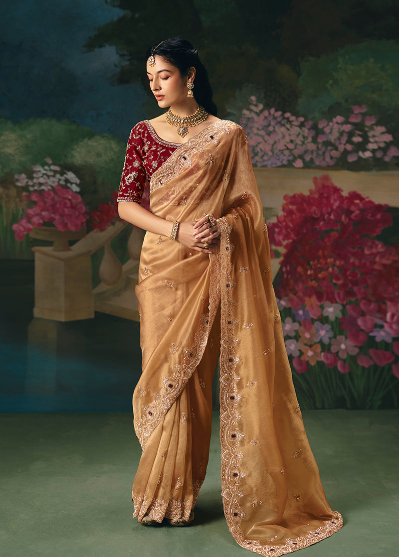Fancy Fabric Embroidered Saree in Peach - Monjolika Fashion