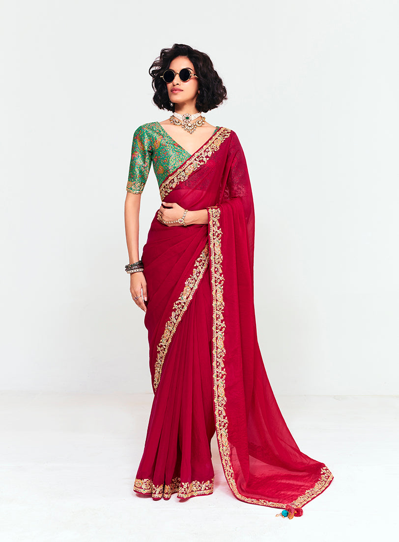 Fancy Fabric Embroidered Crimson Red Saree - Monjolika Fashion