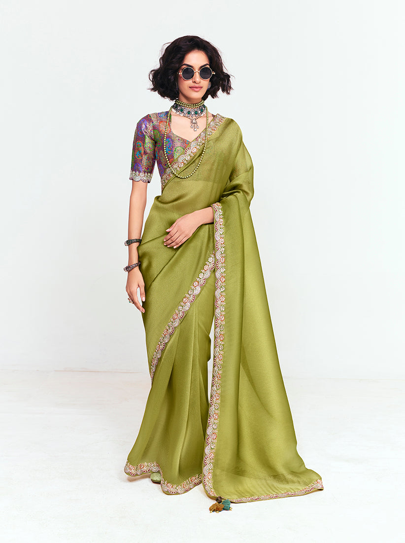 Fancy Fabric Embroidered Olive Green Saree - Monjolika Fashion