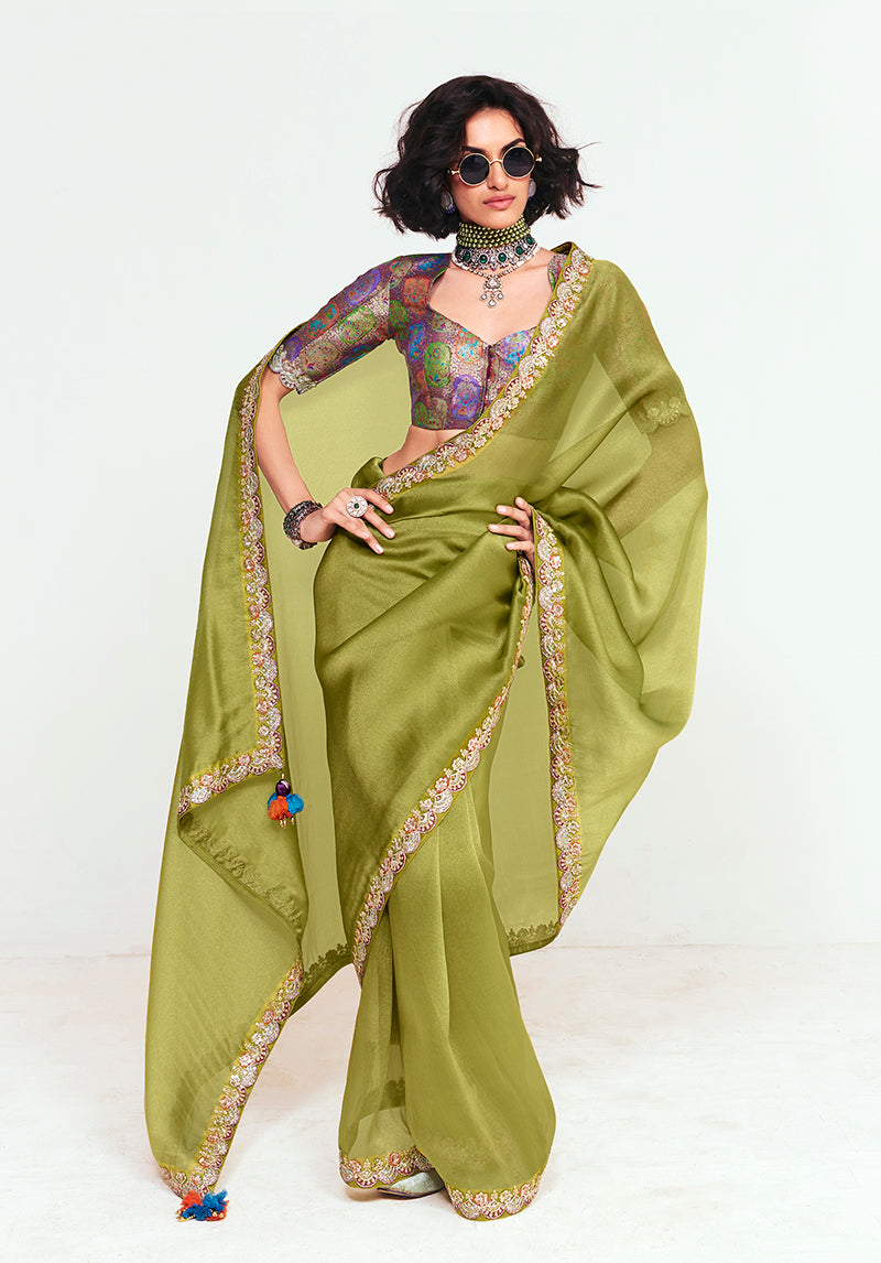 Fancy Fabric Embroidered Olive Green Saree - Monjolika Fashion