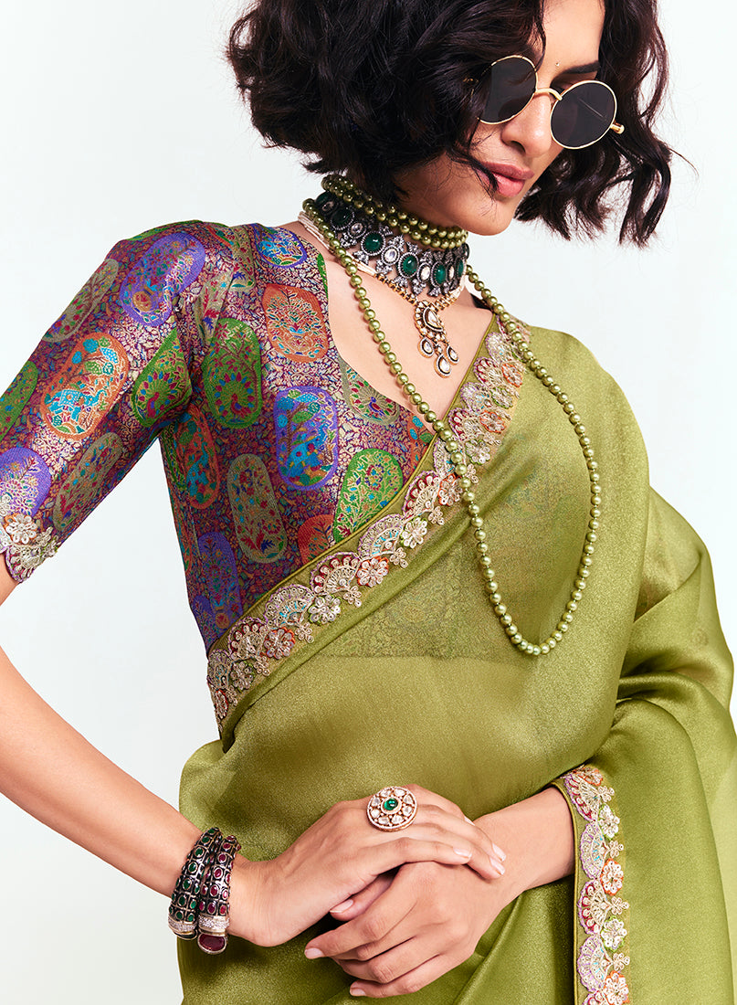 Fancy Fabric Embroidered Olive Green Saree - Monjolika Fashion