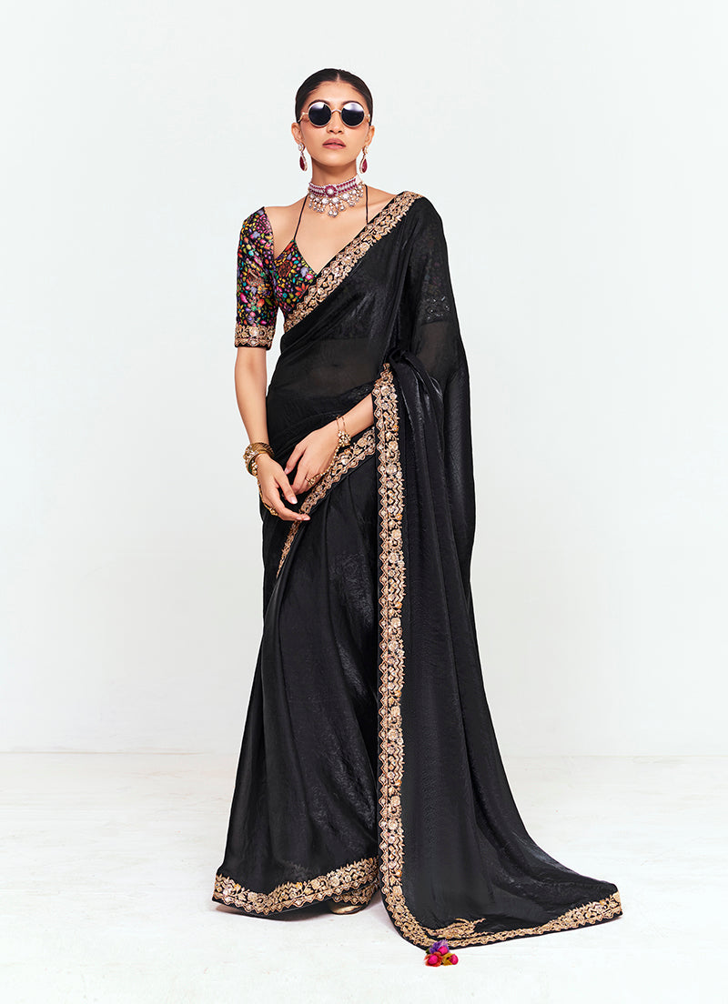Fancy Fabric Embroidered Black Saree - Monjolika Fashion