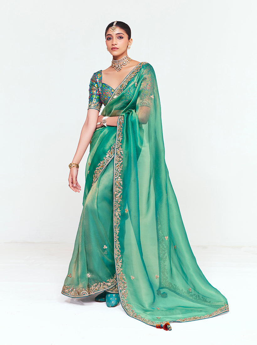 Fancy Fabric Embroidered Sea Green Saree - Monjolika Fashion