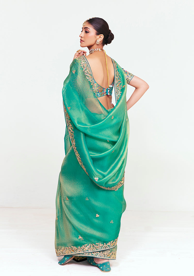 Fancy Fabric Embroidered Sea Green Saree - Monjolika Fashion