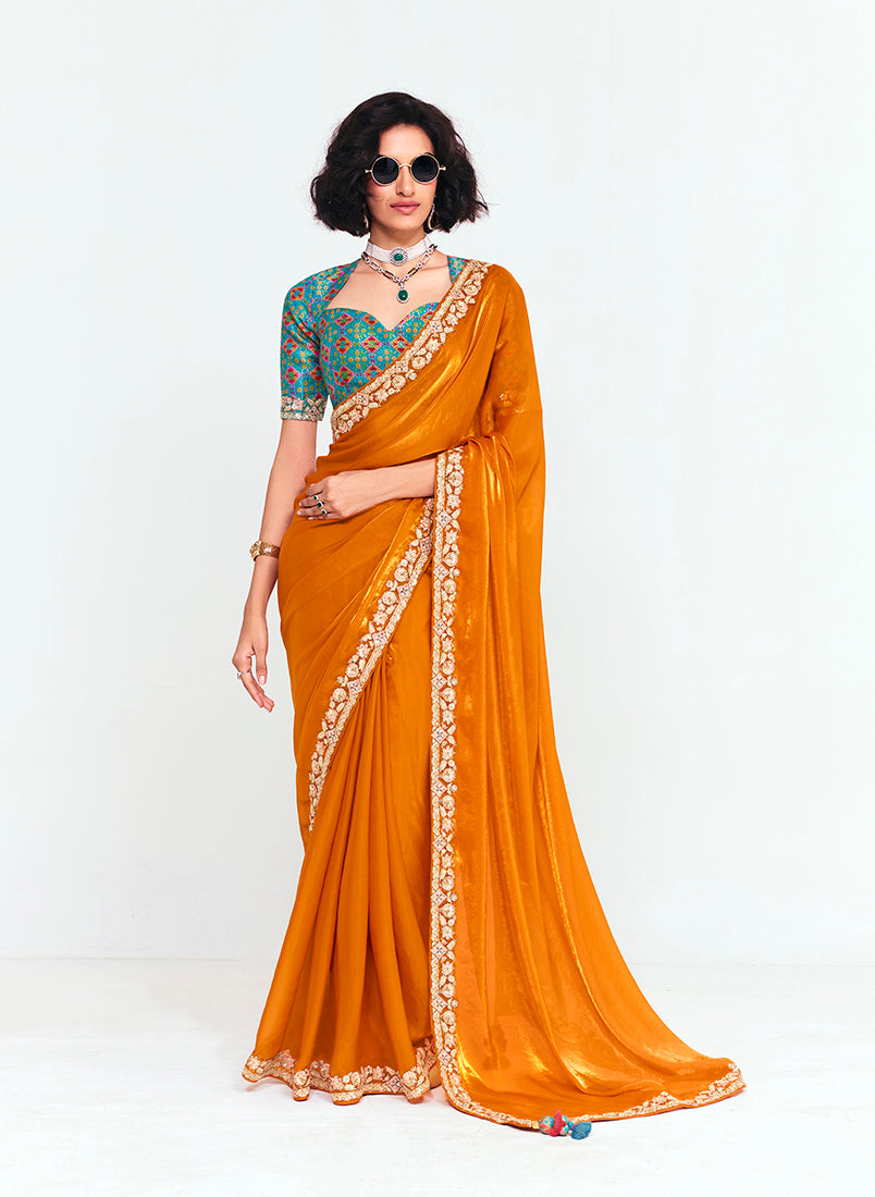 Fancy Fabric Embroidered Orange Saree - Monjolika Fashion