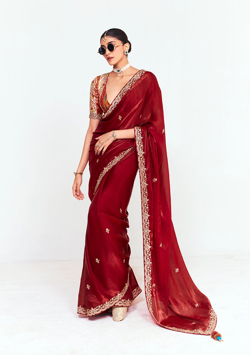 Fancy Fabric Embroidered Maroon Saree - Monjolika Fashion