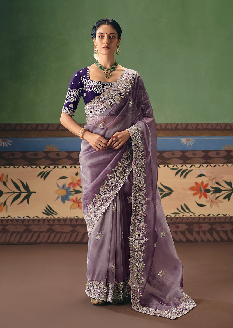 Lilac Fancy Fabric Embroidered Saree - Monjolika Fashion