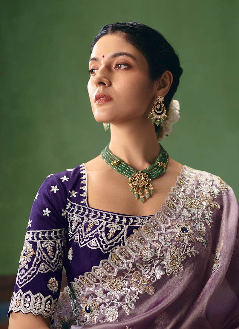 Lilac Fancy Fabric Embroidered Saree - Monjolika Fashion