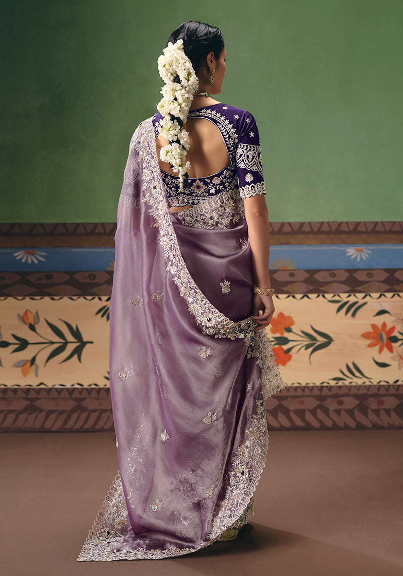 Lilac Fancy Fabric Embroidered Saree - Monjolika Fashion
