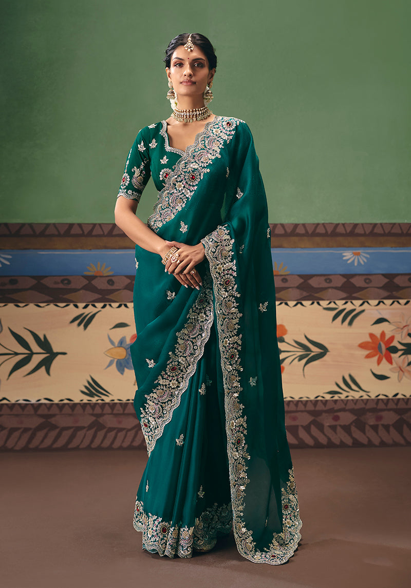 Teal Fancy Fabric Embroidered Saree - Monjolika Fashion