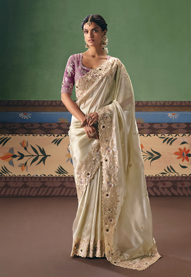 Cream Fancy Fabric Embroidered Saree - Monjolika Fashion
