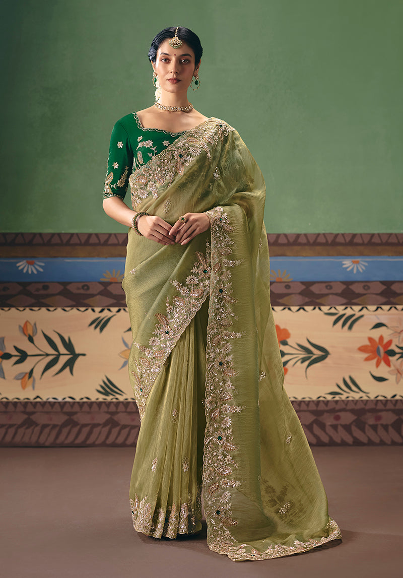 Pista Green Fancy Fabric Embroidered Saree - Monjolika Fashion