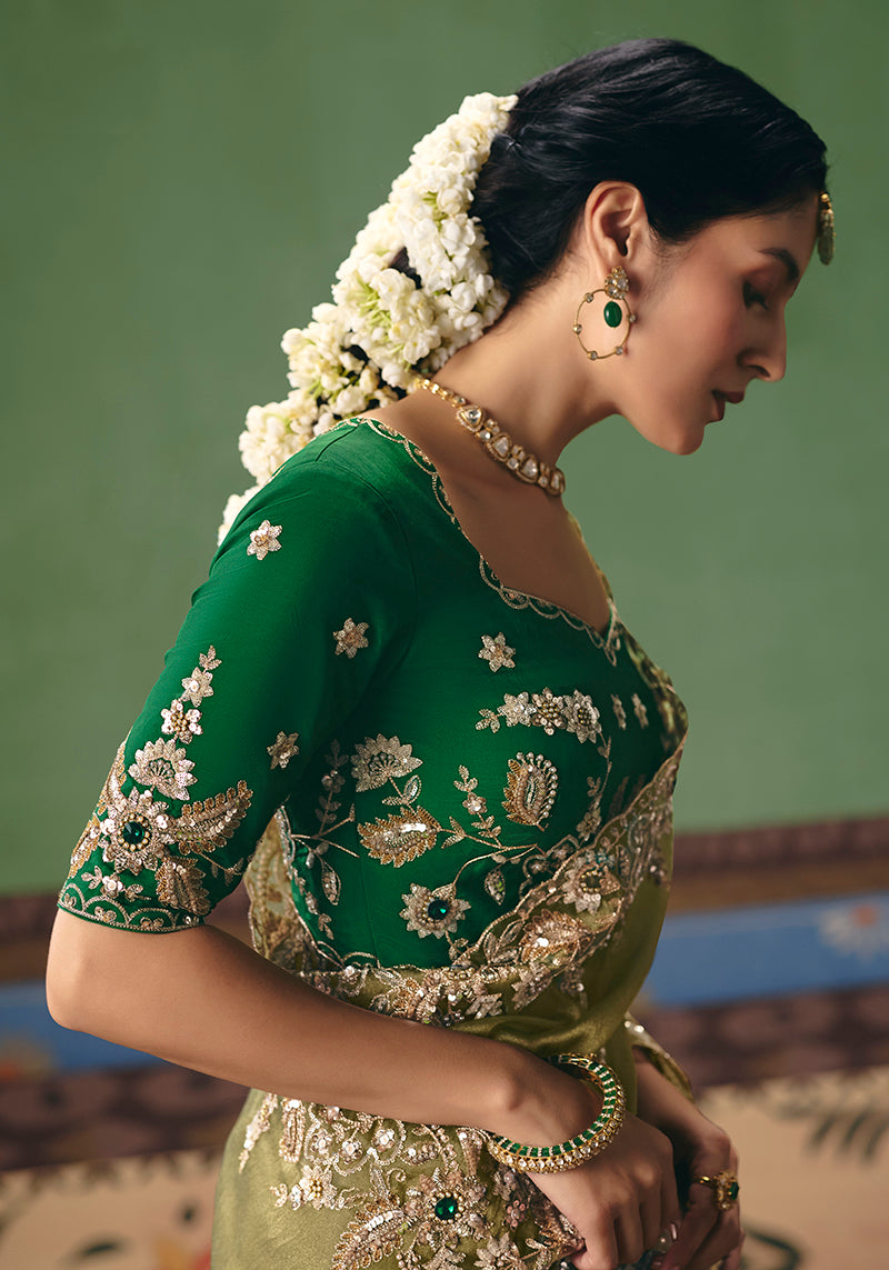 Pista Green Fancy Fabric Embroidered Saree - Monjolika Fashion
