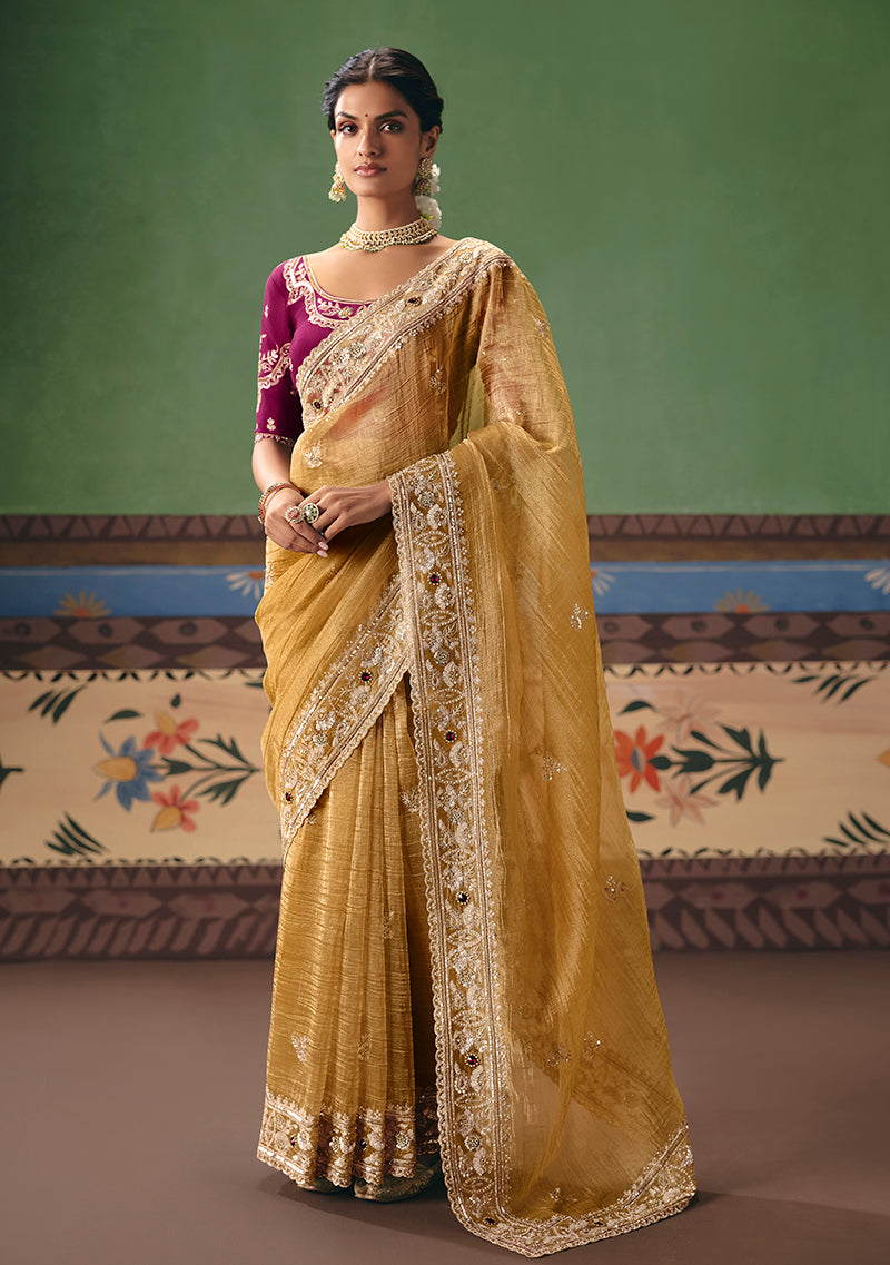 Mustard Fancy Fabric Embroidered Saree - Monjolika Fashion
