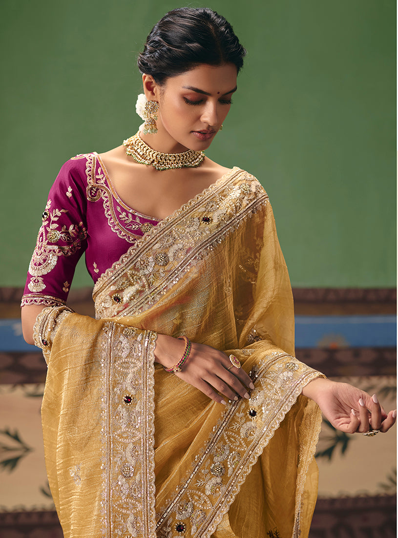 Mustard Fancy Fabric Embroidered Saree - Monjolika Fashion