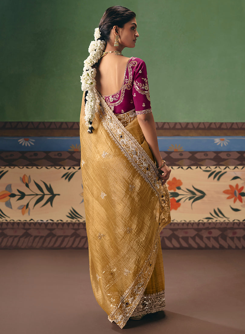 Mustard Fancy Fabric Embroidered Saree - Monjolika Fashion