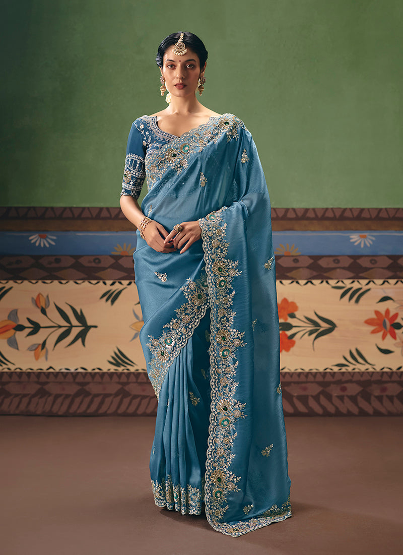 Sky Blue Fancy Fabric Embroidered Saree - Monjolika Fashion