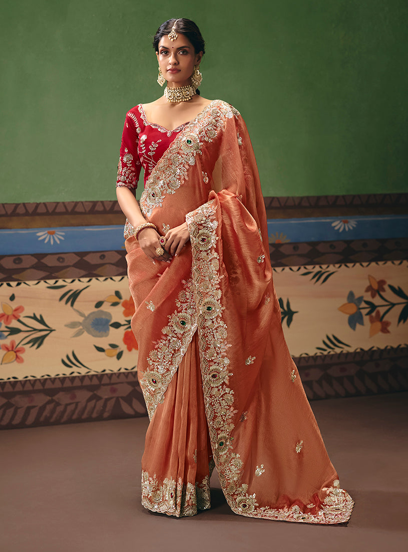 Coral Fancy Fabric Embroidered Saree - Monjolika Fashion