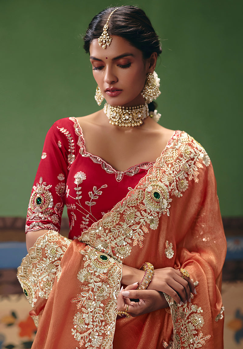 Coral Fancy Fabric Embroidered Saree - Monjolika Fashion