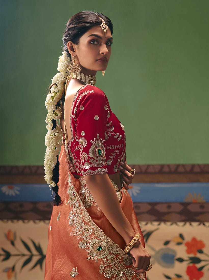 Coral Fancy Fabric Embroidered Saree - Monjolika Fashion