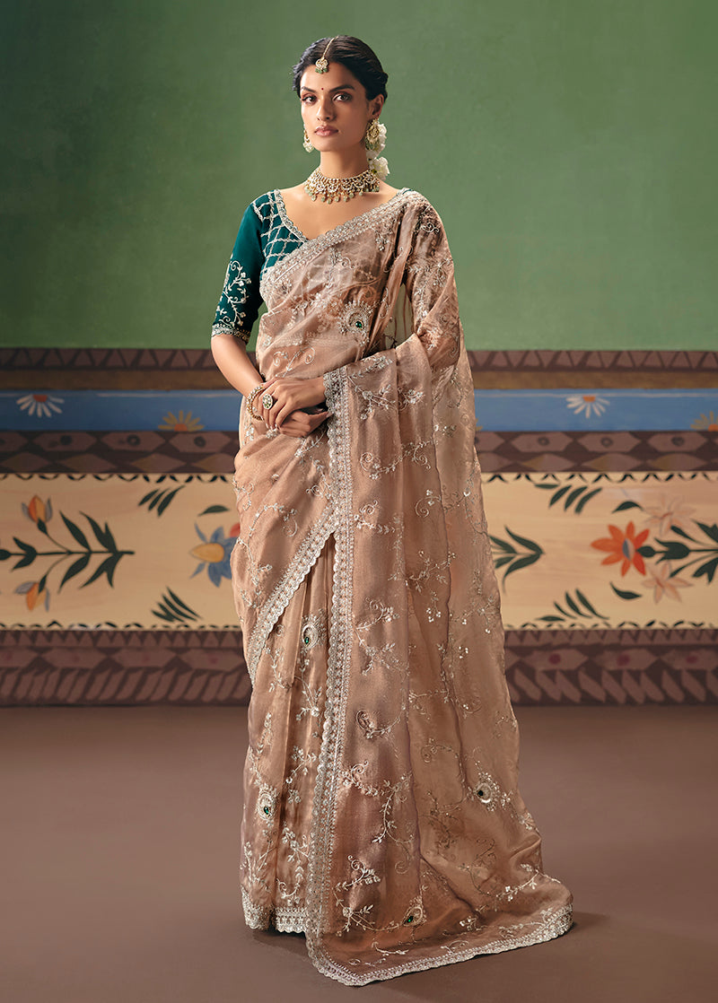 Beige Fancy Fabric Embroidered Saree - Monjolika Fashion