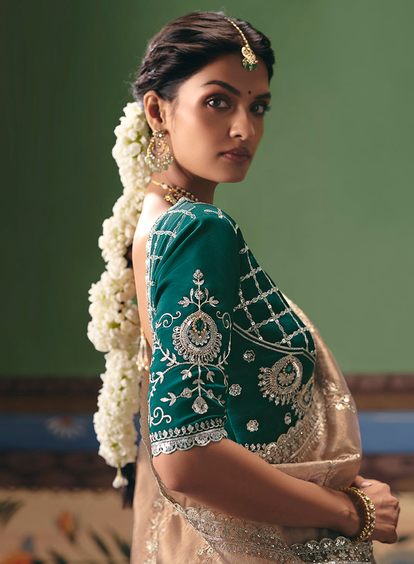 Beige Fancy Fabric Embroidered Saree - Monjolika Fashion